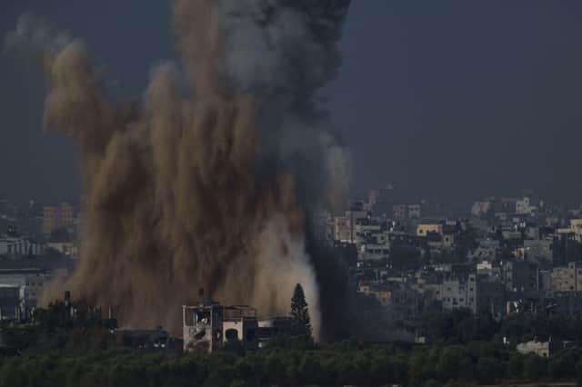An Israeli airstrike in the Gaza Strip is seen from southern Israel. Picture: Leo Correa/AP