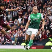 Ellis Simms fires for goal as he puts Hearts in front in their semi-final victory over Hibs. Picture: SNS