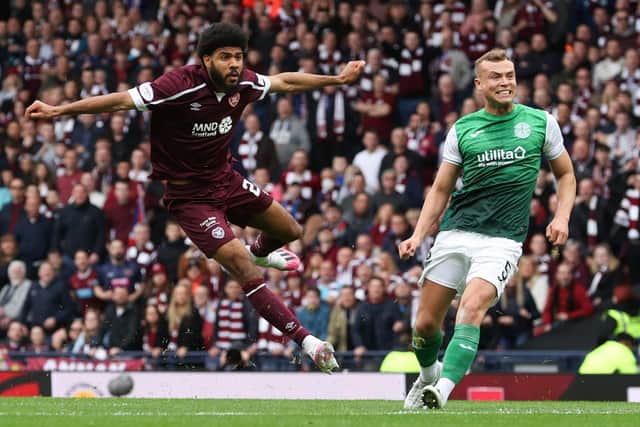 Ellis Simms fires for goal as he puts Hearts in front in their semi-final victory over Hibs. Picture: SNS