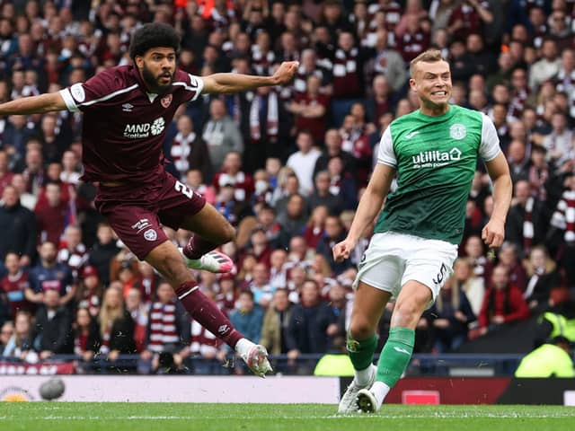 Ellis Simms fires for goal as he puts Hearts in front in their semi-final victory over Hibs. Picture: SNS