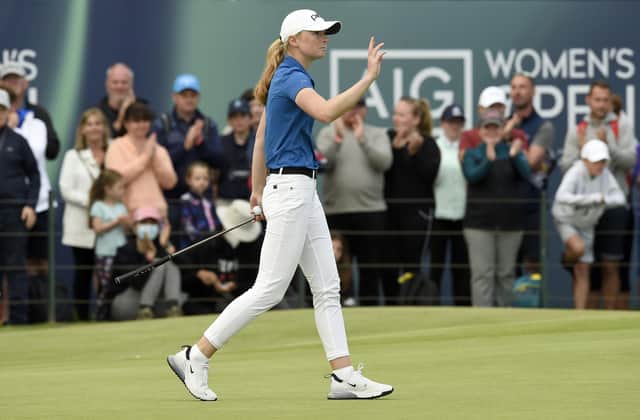 Louise Duncan acknowledges the applause from the fans on the 18th during day the final round of the AIG Women's Open at Carnoustie. Picture: Ian Rutherford/PA Wire.