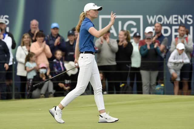 Louise Duncan acknowledges the applause from the fans on the 18th during day the final round of the AIG Women's Open at Carnoustie. Picture: Ian Rutherford/PA Wire.
