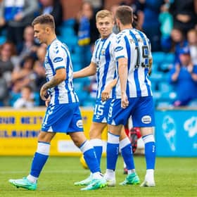 Kilmarnock celebrate Fraser Murray's opener making it 1-0 during an SPFL Trust Trophy match between Kilmarnock and Falkirk at Rugby Park, on September 04, 2021, in Kilmarnock, Scotland (Photo by Roddy Scott / SNS Group)