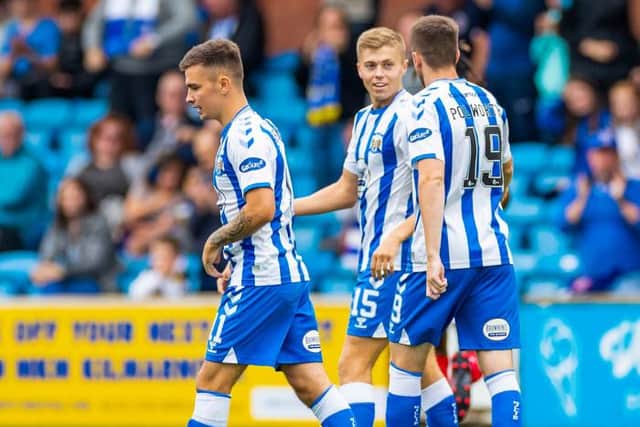 Kilmarnock celebrate Fraser Murray's opener making it 1-0 during an SPFL Trust Trophy match between Kilmarnock and Falkirk at Rugby Park, on September 04, 2021, in Kilmarnock, Scotland (Photo by Roddy Scott / SNS Group)