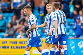 Kilmarnock celebrate Fraser Murray's opener making it 1-0 during an SPFL Trust Trophy match between Kilmarnock and Falkirk at Rugby Park, on September 04, 2021, in Kilmarnock, Scotland (Photo by Roddy Scott / SNS Group)