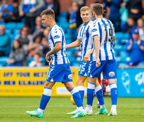 Kilmarnock celebrate Fraser Murray's opener making it 1-0 during an SPFL Trust Trophy match between Kilmarnock and Falkirk at Rugby Park, on September 04, 2021, in Kilmarnock, Scotland (Photo by Roddy Scott / SNS Group)