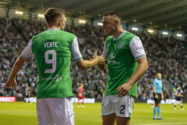 Lewis Miller celebrates with his Hibs team-mate Dylan Vente during the 3-1 win over FC Luzern.