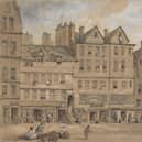 Gladstone's Land painted in 1855 by Henry Gibson Duguid (1805 - 1860). The building housed a tavern, an upmarket shop and a number of expensive apartments. It is now run by the National Trust for Scotland. PIC:  National Galleries of Scotland.