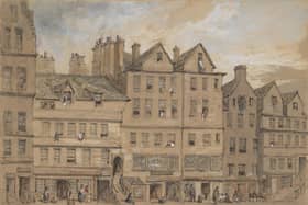 Gladstone's Land painted in 1855 by Henry Gibson Duguid (1805 - 1860). The building housed a tavern, an upmarket shop and a number of expensive apartments. It is now run by the National Trust for Scotland. PIC:  National Galleries of Scotland.