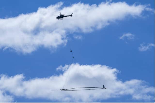 Helicopters routinely survey the ground using antenna strung below the aircraft