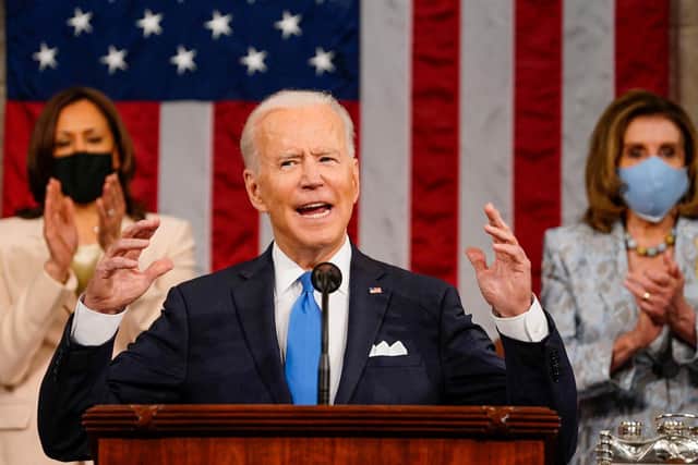 President Joe Biden addresses a joint session of Congress ahead of the 100 days milestone. Picture: Melina Mara/AFP/Getty