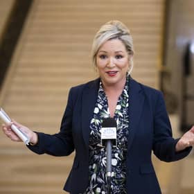 Sinn Fein vice-president Michelle O'Neill speaks to the media in the Great Hall at Parliament Buildings, Stormont, Belfast as the Bill to amend the Northern Ireland Protocol is introduced in Parliament. Picture: Liam McBurney/PA Wire