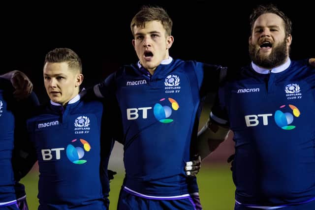 Jordan Edmunds, centre, is a Scotland Club international and is pictured here ahead of the Dalriada Cup game against Ireland in 2018. Picture: Ross Parker/SNS