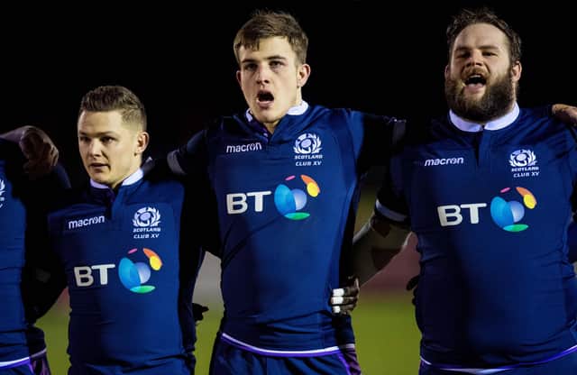 Jordan Edmunds, centre, is a Scotland Club international and is pictured here ahead of the Dalriada Cup game against Ireland in 2018. Picture: Ross Parker/SNS