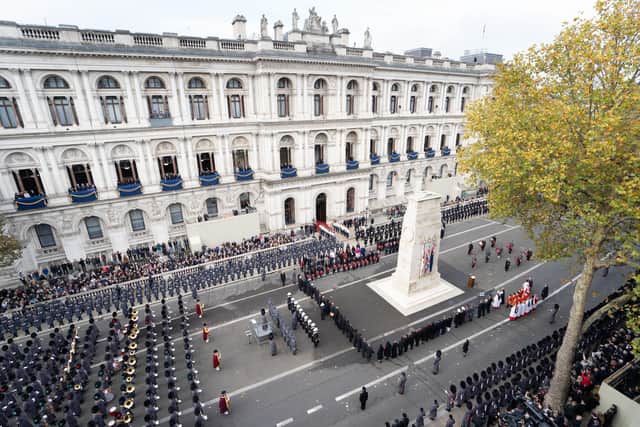 Veterans, members of the military and the Royal family led by King Charles III line Whitehall during the Remembrance Sunday ceremony at the Cenotaph on November 13, 2022 in London (Photo by Stefan Rousseau - WPA Pool/Getty Images)
