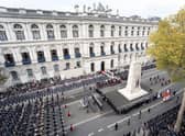 Veterans, members of the military and the Royal family led by King Charles III line Whitehall during the Remembrance Sunday ceremony at the Cenotaph on November 13, 2022 in London (Photo by Stefan Rousseau - WPA Pool/Getty Images)