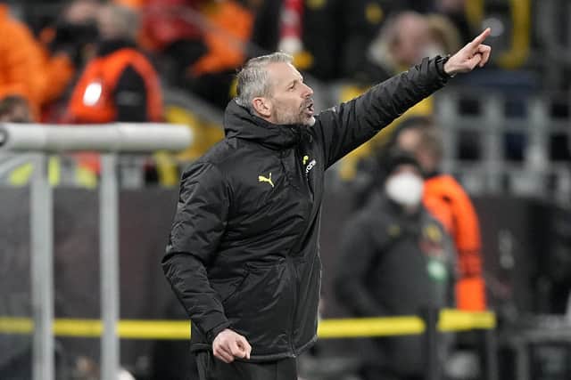 Dortmund's head coach Marco Rose reacts during the match against Rangers.