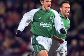 19/12/99 SPL
HEARTS v HIBERNIAN (0-3)
TYNECASTLE - EDINBURGH
Franck Sauzee celebrates alongside Hibernian team-mate John Hughes.