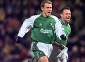 19/12/99 SPL
HEARTS v HIBERNIAN (0-3)
TYNECASTLE - EDINBURGH
Franck Sauzee celebrates alongside Hibernian team-mate John Hughes.