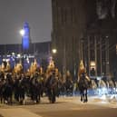 Members of the military in Westminster, central London, during a night time rehearsal for the coronation of King Charles III on May 6.