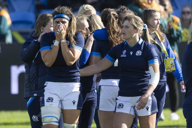 Scotland's Emma Wassell and Hannah Smith console each other after the 14-12 loss to New Zealand.