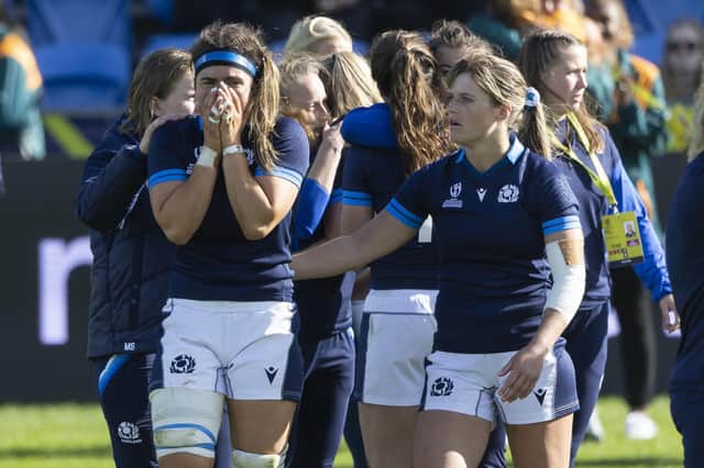 Scotland's Emma Wassell and Hannah Smith console each other after the 14-12 loss to New Zealand.