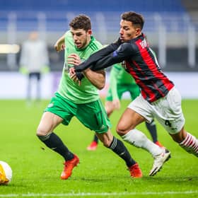 Ryan Christie battles for possession during Celtic's defeat to AC Milan. PIcture: Fabrizio Carabelli/PA Wire.