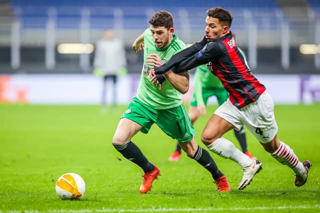 Ryan Christie battles for possession during Celtic's defeat to AC Milan. PIcture: Fabrizio Carabelli/PA Wire.