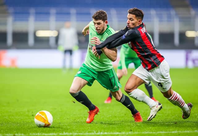 Ryan Christie battles for possession during Celtic's defeat to AC Milan. PIcture: Fabrizio Carabelli/PA Wire.