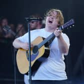 Lewis Capaldi performing on the Pyramid Stage, at the Glastonbury Festival at Worthy Farm