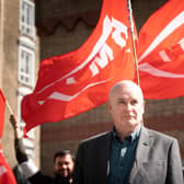 The RMT general secretary, Mick Lynch, on a picket line outside St Pancras station in London as members of the Rail, Maritime and Transport union begin their nationwide strike along with London Underground workers in a bitter dispute over pay, jobs and conditions. Picture date: Tuesday June 21, 2022.