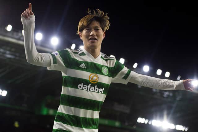 Celtic's Kyogo Furuhashi hasn't helped his team win a peantly at home in the league this season, in part, because defenders can rarely get close to him as he weaves his magic that was to the fore with his double in the 4-0 win over St Mirren. (Photo by Ross MacDonald / SNS Group)