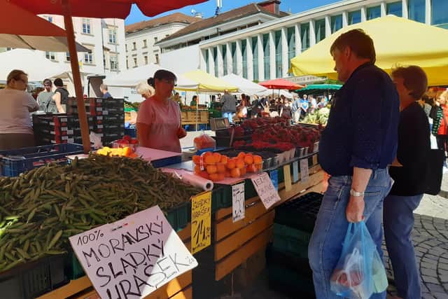 Farmers and stallholders sell their fruit, veg and flowers at a daily market in the centre of Brno. PicL PA Photo/Chris Wiltshire.