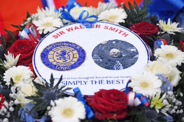 One of the floral tributes placed outside Ibrox Stadium following the death of former Rangers manager Walter Smith. (Photo by Craig Foy/SNS Group).