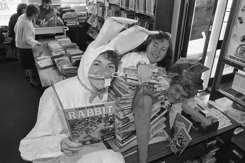 Shiney Row library staff at the start of Library Promotion Month in 1989. White rabbit Angela Straughan is pictured with 'Alice' (Elaine Naylor) and The Queen of Hearts (Isabell King). Does this bring back great memories?