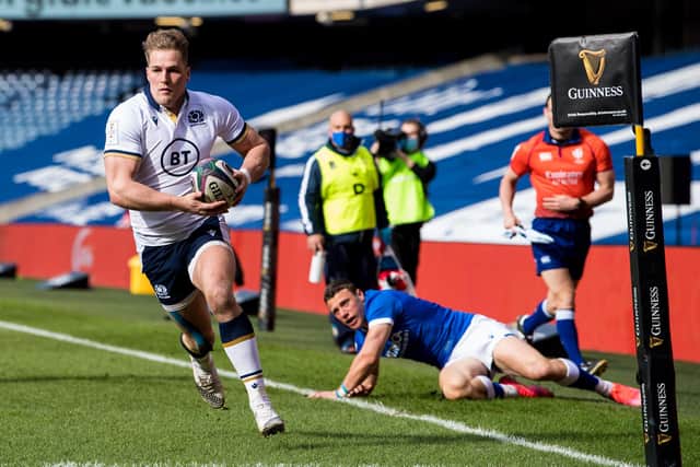 Duhan van den Merwe scores the first of his two tries in the record-breaking win over Italy. Picture: Ross Parker/SNS