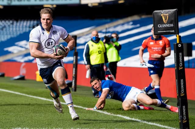 Duhan van den Merwe scores the first of his two tries in the record-breaking win over Italy. Picture: Ross Parker/SNS