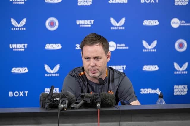 Michael Beale during a Rangers press conference ahead of the match against Servette.