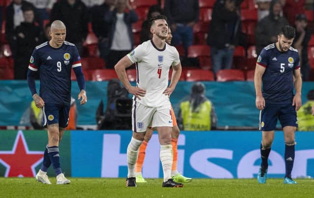 England's Declan Rice  is left frustrated during a Euro 2020 match between England and Scotland at Wembley Stadium, on June 18, 2021, in London, England. (Photo by Alan Harvey / SNS Group)