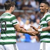 Matt O'Riley congratulates his close friend Moritz Jenz after the German centre-back's second goal in two Celtic outings. The tally from goals from this area of the side is now four from three league games but the 21-year-old midfielder believes there could be even more to come from this area for the Scottish champions. (Photo by Rob Casey / SNS Group)