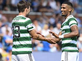 Matt O'Riley congratulates his close friend Moritz Jenz after the German centre-back's second goal in two Celtic outings. The tally from goals from this area of the side is now four from three league games but the 21-year-old midfielder believes there could be even more to come from this area for the Scottish champions. (Photo by Rob Casey / SNS Group)