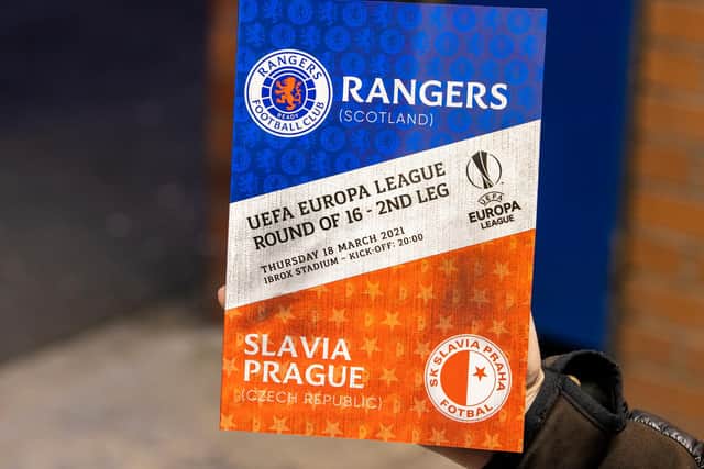 Matchday programme for the UEFA Europa League Round of 16 2nd Leg match between Rangers FC and Slavia Prague at Ibrox Stadium on March 18, 2021, in Glasgow, Scotland. (Photo by Alan Harvey / SNS Group)