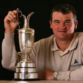 1999 Open champion Paul Lawrie with his replica trophy at the Carnoustie Golf Hotel in 2007. Picture: Ross Kinnaird/Getty Images.