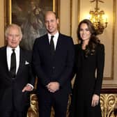 Camilla, Queen Consort, King Charles III, Prince William, Prince of Wales and Catherine, Princess of Wales pose for a photo ahead of their Majesties the King and the Queen Consort's reception for Heads of State and Official Overseas Guests at Buckingham Palace on September 18