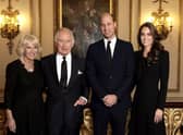 Camilla, Queen Consort, King Charles III, Prince William, Prince of Wales and Catherine, Princess of Wales pose for a photo ahead of their Majesties the King and the Queen Consort's reception for Heads of State and Official Overseas Guests at Buckingham Palace on September 18