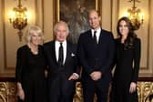 Camilla, Queen Consort, King Charles III, Prince William, Prince of Wales and Catherine, Princess of Wales pose for a photo ahead of their Majesties the King and the Queen Consort's reception for Heads of State and Official Overseas Guests at Buckingham Palace on September 18