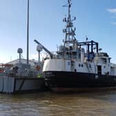 A fishing boat in Harwich harbour which was intercepted off the coast of Great Yarmouth on Tuesday evening by the NCA, Immigration Enforcement and Border Force (NCA) and contained 69 suspected Albanian migrants and three crew members. Picture: National Crime Agency
