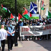 Falkirk's High Street hosted a peace rally as organisers stood in solidarity with the Palestinian people. The event was led by the Central Scotland Regional Equality Council, Al Masaar SCIO and Falkirk Central Mosque. Picture: Michael Gillen.