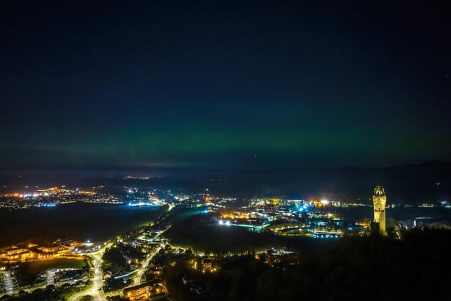 Drone imagery of the Northern Lights / Aurora Borealis over Stirling on Sunday evening (26th Feb) / Monday morning (27th Feb). Images of lights beside Stirling Castle and lights beside Wallace Monument