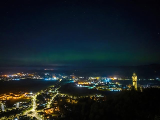 Drone imagery of the Northern Lights / Aurora Borealis over Stirling on Sunday evening (26th Feb) / Monday morning (27th Feb). Images of lights beside Stirling Castle and lights beside Wallace Monument